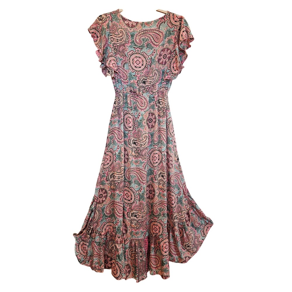 Karma Highway Womens Paisley High-Low Maxi Dress Pink Teal Boho One Size - Picture 3 of 4
